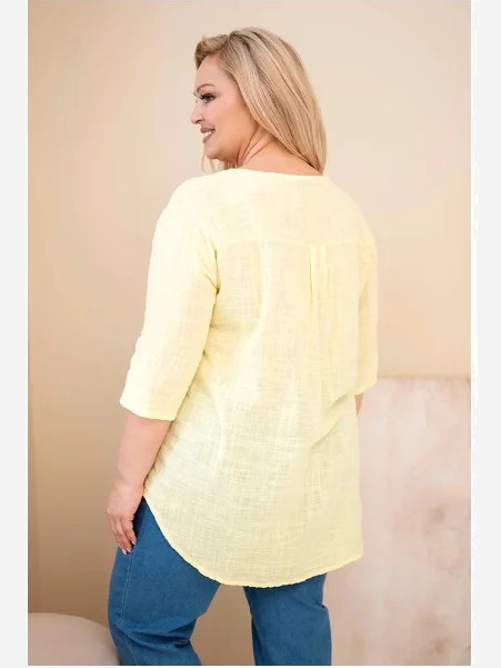 Dámska bavlnená blúzka Plus Size s výstrihom na gombíky žltá