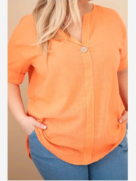 Dámska bavlnená blúzka Plus Size s výstrihom na gombíky oranžová
