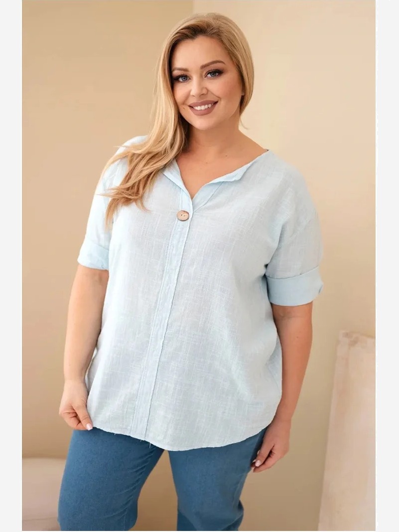 Dámska bavlnená blúzka Plus Size s výstrihom na gombíky modrá