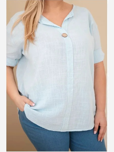 Dámska bavlnená blúzka Plus Size s výstrihom na gombíky modrá