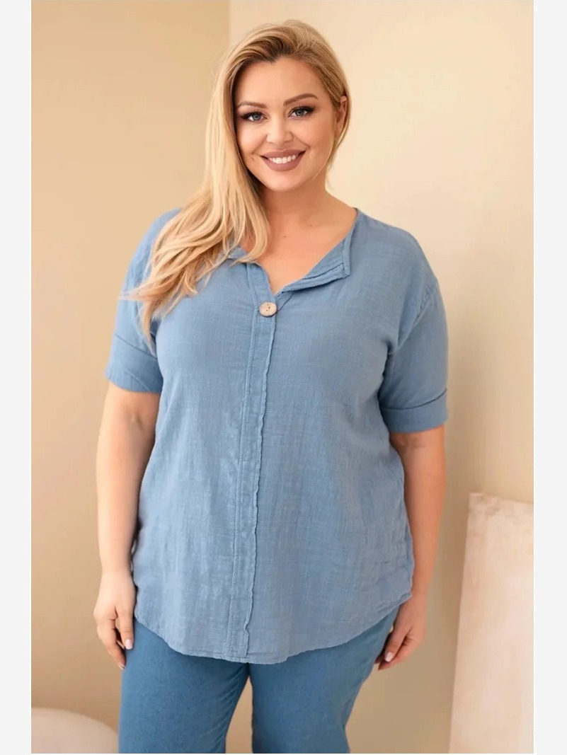 Dámska bavlnená blúzka Plus Size s výstrihom na gombíky džínová