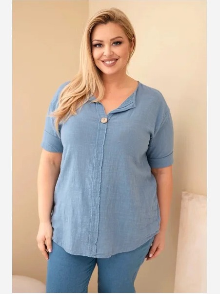 Dámska bavlnená blúzka Plus Size s výstrihom na gombíky džínová