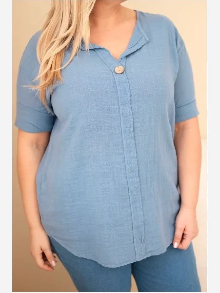 Dámska bavlnená blúzka Plus Size s výstrihom na gombíky džínová
