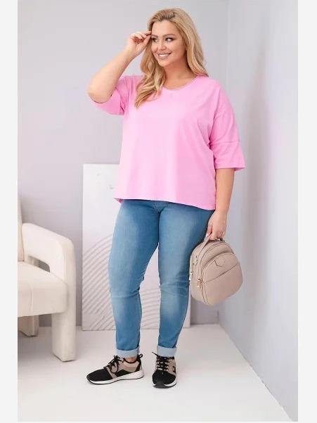 Dámska bavlnená oversize blúzka Plus Size s výstrihom do V svetloružová