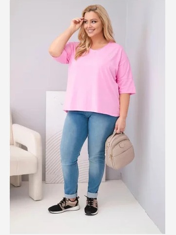Dámska bavlnená oversize blúzka Plus Size s výstrihom do V svetloružová