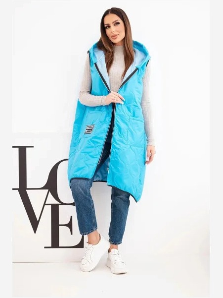 Dámska prešívaná vesta Plus Size s kapucňou zapínaná na zips tyrkysová