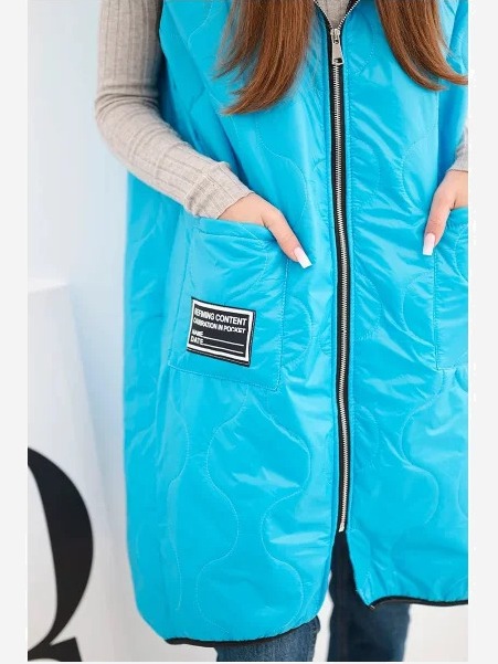 Dámska prešívaná vesta Plus Size s kapucňou zapínaná na zips tyrkysová