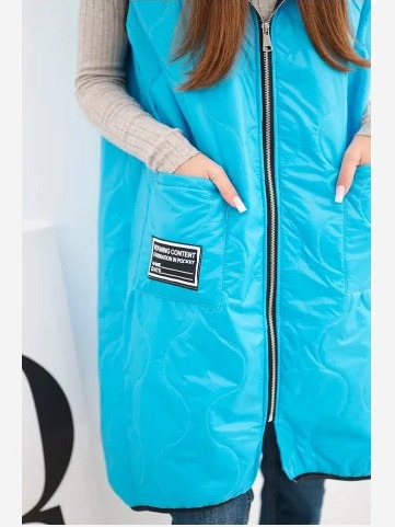 Dámska prešívaná vesta Plus Size s kapucňou zapínaná na zips tyrkysová