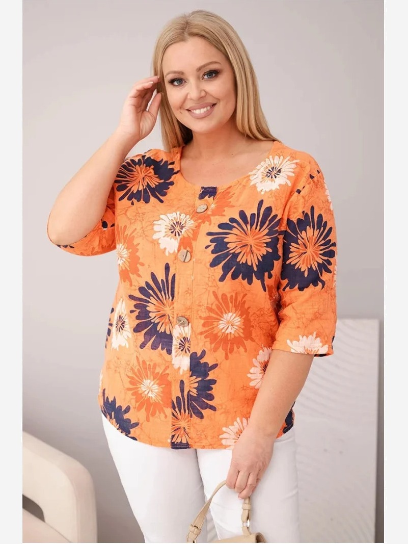 Dámska bavlnená blúzka Plus Size s krátkym rukávom a gombíkmi oranžová