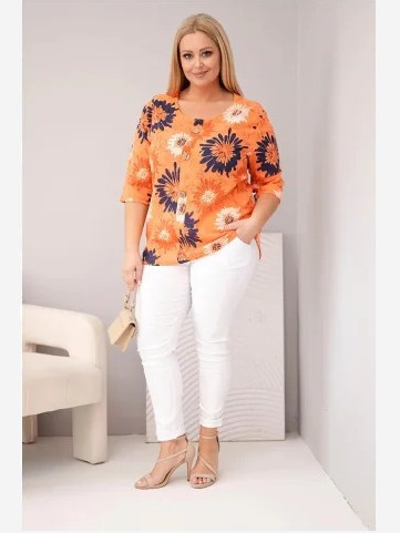 Dámska bavlnená blúzka Plus Size s krátkym rukávom a gombíkmi oranžová