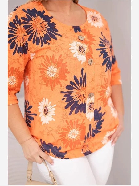 Dámska bavlnená blúzka Plus Size s krátkym rukávom a gombíkmi oranžová