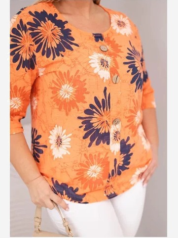 Dámska bavlnená blúzka Plus Size s krátkym rukávom a gombíkmi oranžová