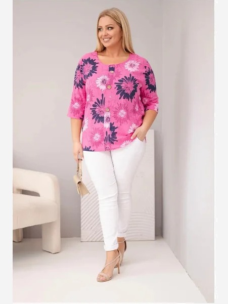 Dámska bavlnená blúzka Plus Size s krátkym rukávom a gombíkmi ružová