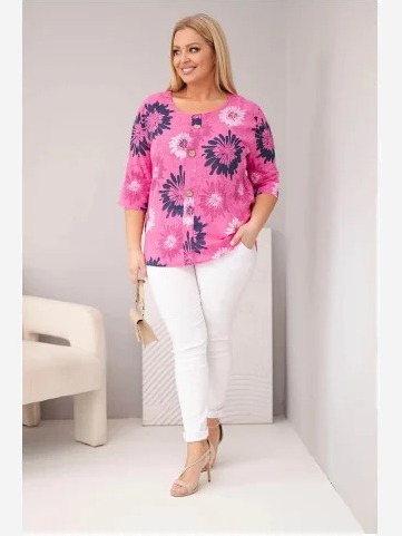 Dámska bavlnená blúzka Plus Size s krátkym rukávom a gombíkmi ružová