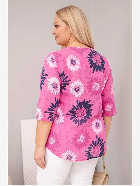 Dámska bavlnená blúzka Plus Size s krátkym rukávom a gombíkmi ružová