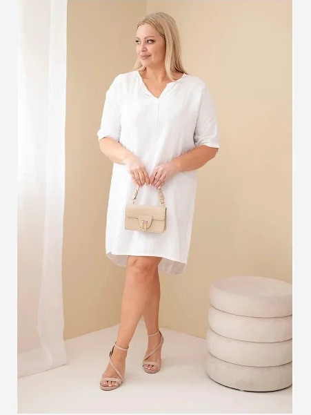Dámske viskózové šaty Plus Size s krátkym rukávom a výstrihom do V biela