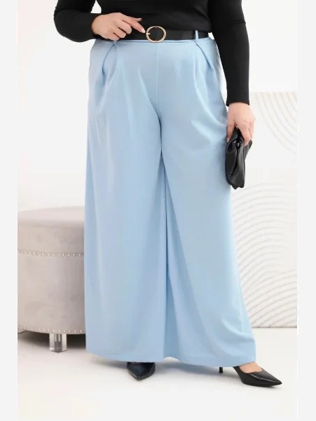 Dámske nohavice Plus Size so širokou nohavicou a s opaskom modré