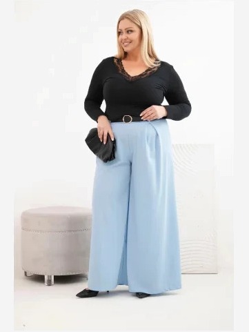 Dámske nohavice Plus Size so širokou nohavicou a s opaskom modré
