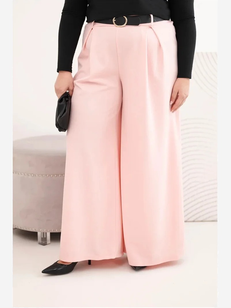 Dámske nohavice Plus Size so širokými nohavicami a s opaskom púdrová ružová