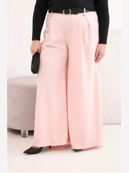 Dámske nohavice Plus Size so širokými nohavicami a s opaskom púdrová ružová