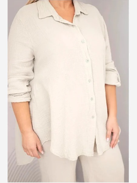 Dámsky mušelínový komplet Plus Size s košeľou zapínanou na gombíky a širokými nohavicami béžový