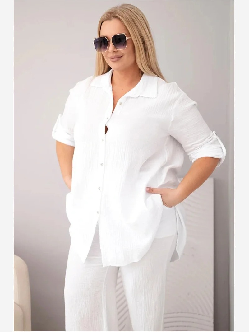 Dámsky mušelínový komplet Plus Size s košeľou zapínanou na gombíky a nohavicami so širokým strihom biely