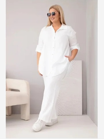 Dámsky mušelínový komplet Plus Size s košeľou zapínanou na gombíky a nohavicami so širokým strihom biely