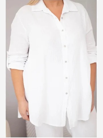 Dámsky mušelínový komplet Plus Size s košeľou zapínanou na gombíky a nohavicami so širokým strihom biely