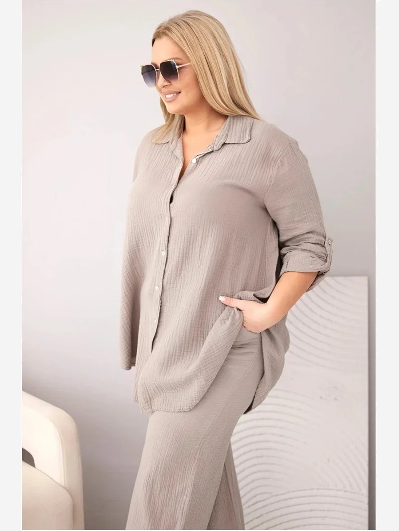 Dámsky mušelínový komplet Plus Size s košeľou zapínanou na gombíky a s nohavicami so širokou nohavicou fango