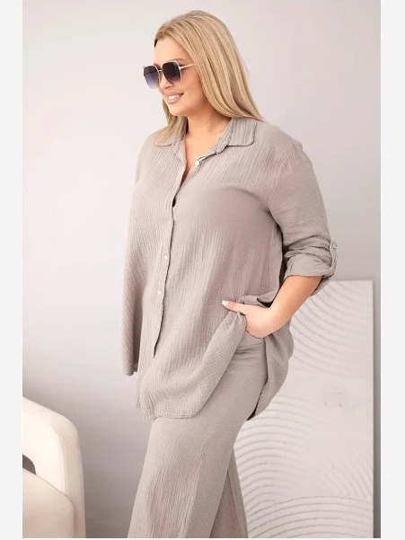 Dámsky mušelínový komplet Plus Size s košeľou zapínanou na gombíky a s nohavicami so širokou nohavicou fango