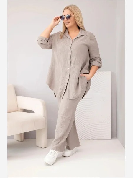 Dámsky mušelínový komplet Plus Size s košeľou zapínanou na gombíky a s nohavicami so širokou nohavicou fango