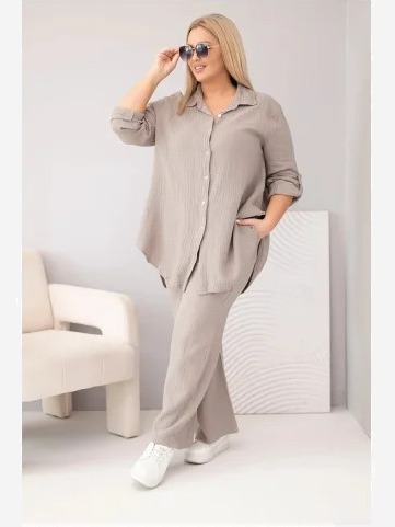 Dámsky mušelínový komplet Plus Size s košeľou zapínanou na gombíky a s nohavicami so širokou nohavicou fango