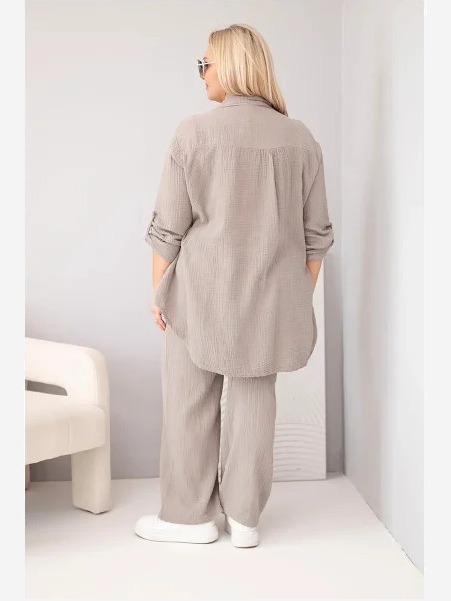 Dámsky mušelínový komplet Plus Size s košeľou zapínanou na gombíky a s nohavicami so širokou nohavicou fango