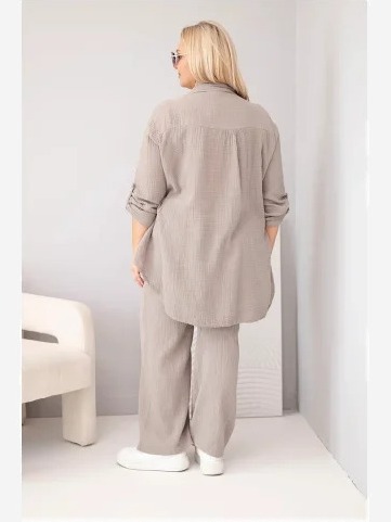 Dámsky mušelínový komplet Plus Size s košeľou zapínanou na gombíky a s nohavicami so širokou nohavicou fango