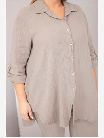 Dámsky mušelínový komplet Plus Size s košeľou zapínanou na gombíky a s nohavicami so širokou nohavicou fango