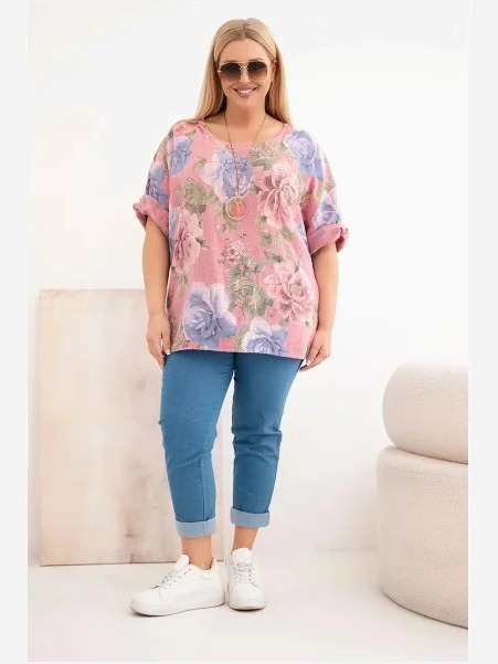Dámska bavlnená blúzka Plus Size s krátkym rukávom a kvetinovým vzorom tmavoružová