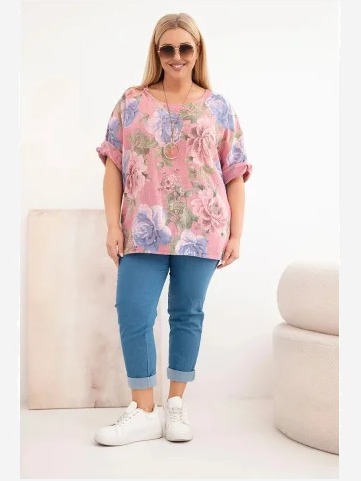Dámska bavlnená blúzka Plus Size s krátkym rukávom a kvetinovým vzorom tmavoružová