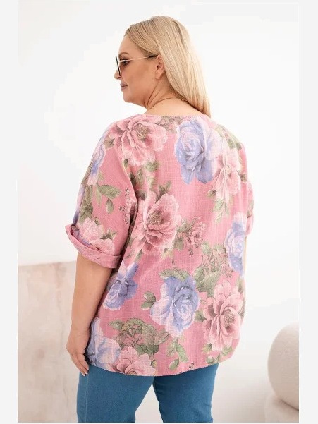 Dámska bavlnená blúzka Plus Size s krátkym rukávom a kvetinovým vzorom tmavoružová