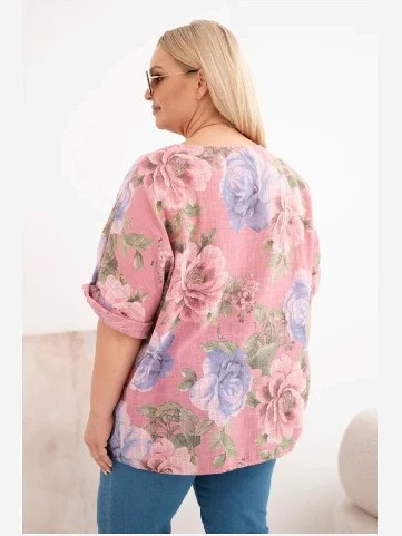 Dámska bavlnená blúzka Plus Size s krátkym rukávom a kvetinovým vzorom tmavoružová