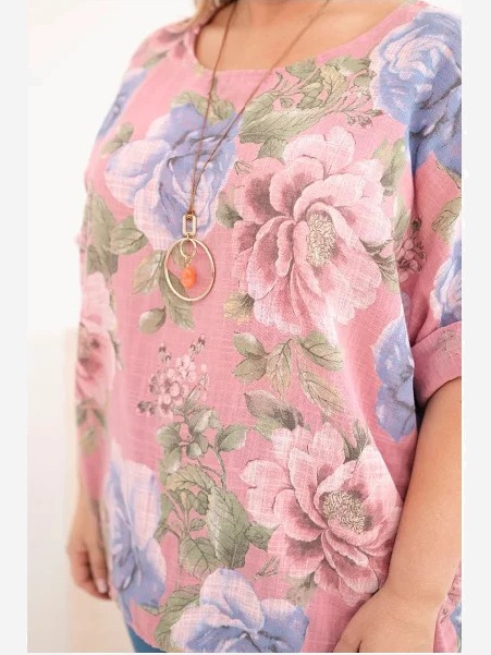 Dámska bavlnená blúzka Plus Size s krátkym rukávom a kvetinovým vzorom tmavoružová