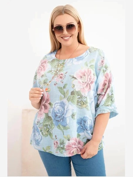 Dámska bavlnená blúzka Plus Size s krátkym rukávom a kvetinovým vzorom modrá