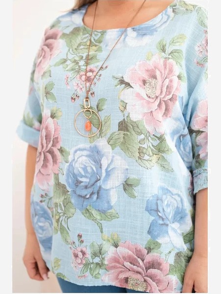 Dámska bavlnená blúzka Plus Size s krátkym rukávom a kvetinovým vzorom modrá