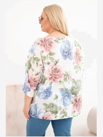 Dámska bavlnená blúzka Plus Size s krátkym rukávom a kvetinovým vzorom biela