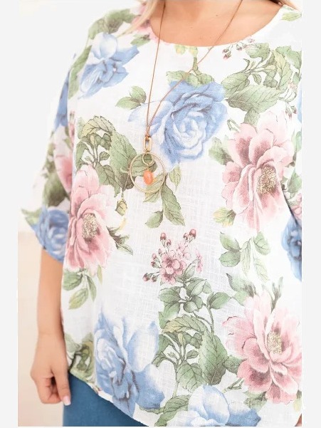 Dámska bavlnená blúzka Plus Size s krátkym rukávom a kvetinovým vzorom biela