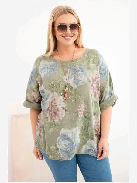 Dámska bavlnená blúzka Plus Size s krátkym rukávom a kvetinovým vzorom khaki