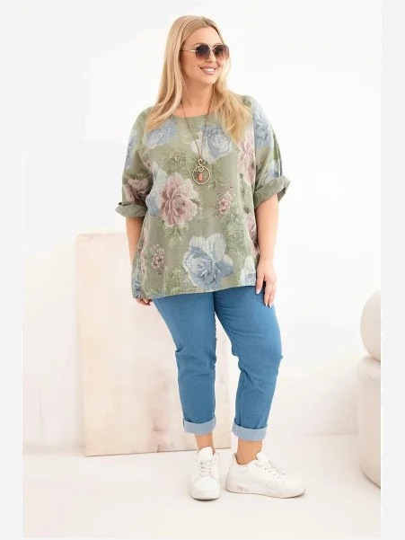 Dámska bavlnená blúzka Plus Size s krátkym rukávom a kvetinovým vzorom khaki