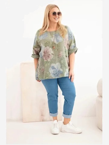 Dámska bavlnená blúzka Plus Size s krátkym rukávom a kvetinovým vzorom khaki