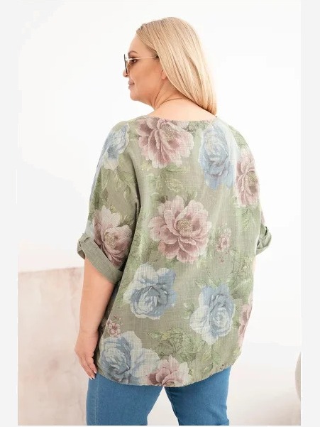 Dámska bavlnená blúzka Plus Size s krátkym rukávom a kvetinovým vzorom khaki
