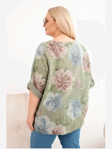 Dámska bavlnená blúzka Plus Size s krátkym rukávom a kvetinovým vzorom khaki