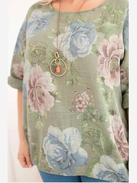 Dámska bavlnená blúzka Plus Size s krátkym rukávom a kvetinovým vzorom khaki